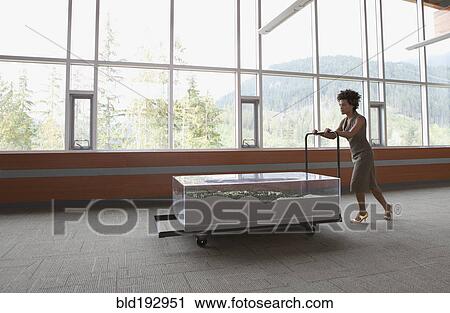 Stock Image - Mixed race businesswoman pushing development model. Fotosearch