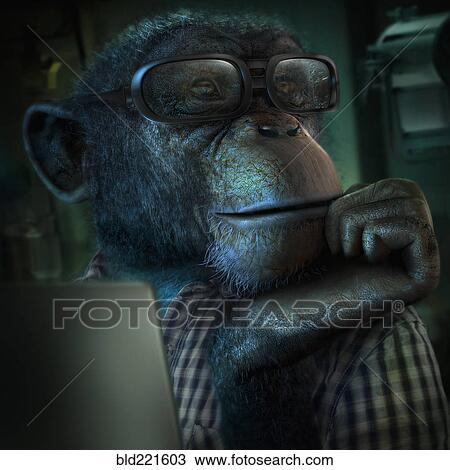 Stock Image - Monkey in eyeglasses resting chin in hand. Fotosearch