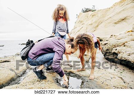 Mother and daughters examining tide pools on beach View Large Photo Image Stock Photo - Mother and daughters examining tide pools on beach. Fotosearch