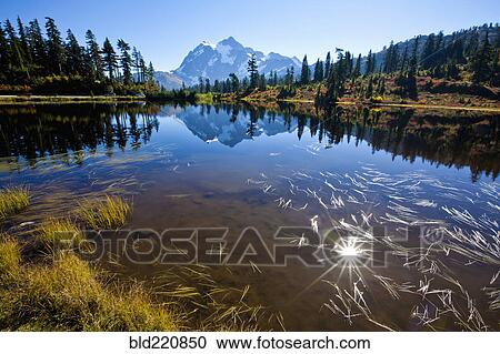 Stock Image - Mountain and hills reflecting in still lake. Fotosearch
