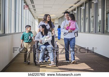 Nurse with patient and family in hospital hallway View Large Photo Image Stock Image - Nurse with patient and family in hospital hallway. Fotosearch