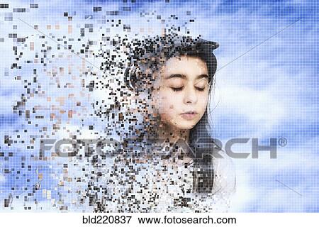 Stock Photo - Pixelated mixed race girl dissolving in sky. Fotosearch
