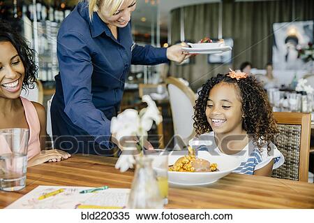 Server bringing birthday dessert to girl in restaurant View Large Photo Image Stock Photography - Server bringing birthday dessert to girl in restaurant. Fotosearch