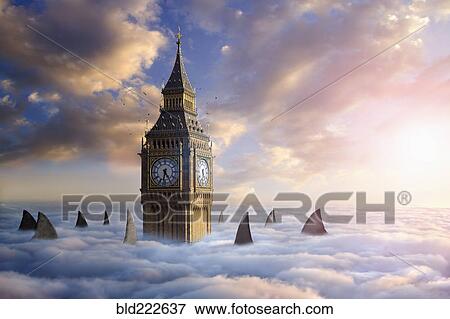Shark fins and birds circling clock tower above clouds View Large Photo Image Stock Photo - Shark fins and birds circling clock tower above clouds. Fotosearch
