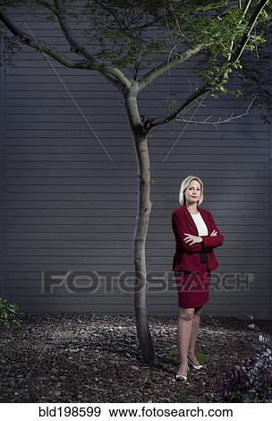 Stock Photo - Caucasian businesswoman standing underneath tree. Fotosearch