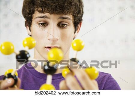 Stock Image - Caucasian student looking at chemistry model. Fotosearch