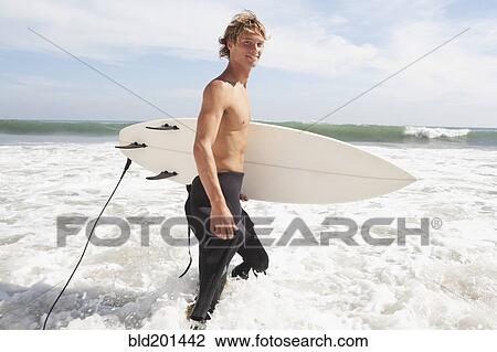 Caucasian surfer carrying surfboard View Large Photo Image Stock Image - Caucasian surfer carrying surfboard. Fotosearch