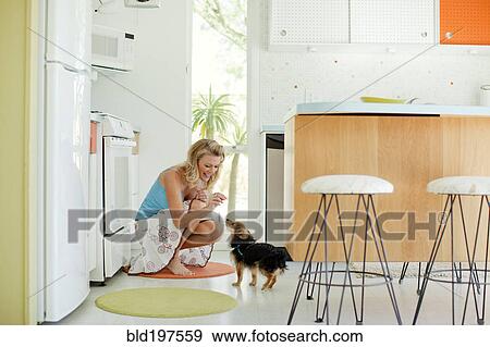 Caucasian woman feeding dog treat in kitchen View Large Photo Image Stock Photo - Caucasian woman feeding dog treat in kitchen. Fotosearch