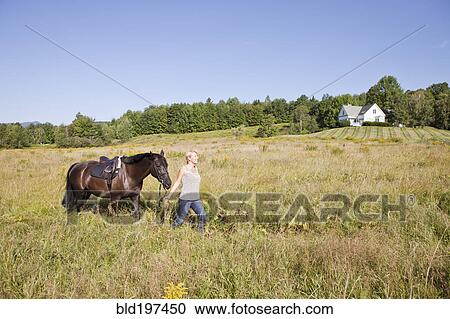 Stock Image - Caucasian woman leading horse through field. Fotosearch