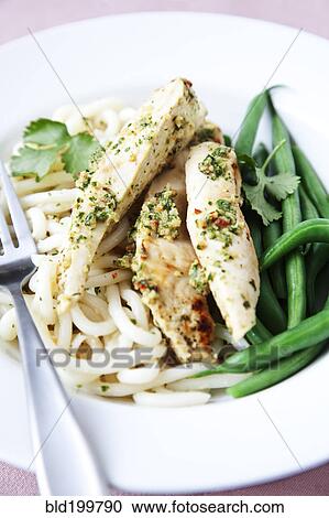 Stock Image - Chicken, noodles and rice on plate. Fotosearch