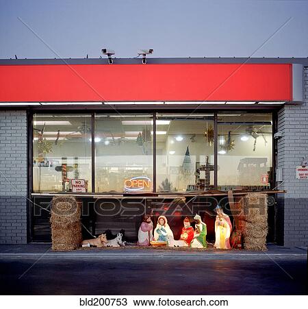 Stock Image - Christian nativity in front of store. Fotosearch