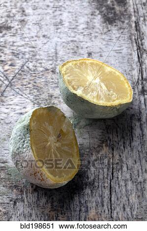 Stock Image - Close up of cut, molding lemon. Fotosearch