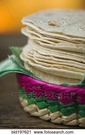 Stock Image - Close up of organic flour tortillas. Fotosearch