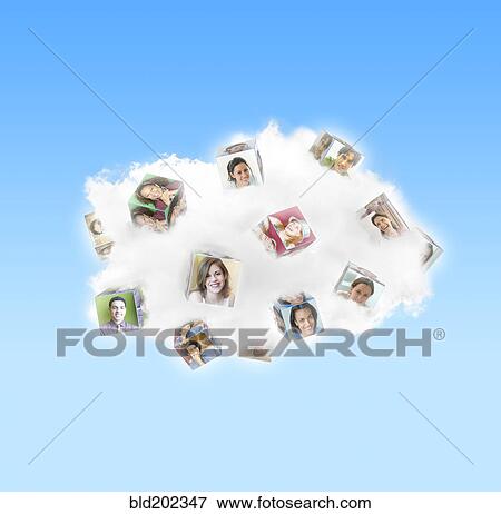 Stock Photo - Cloud containing cubes with pictures of people. Fotosearch