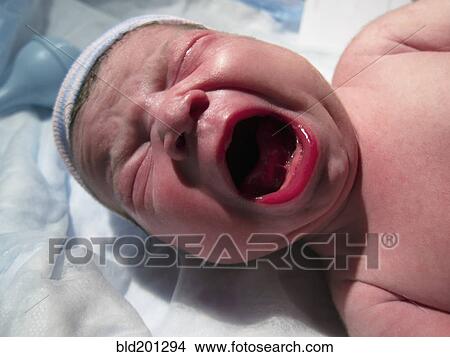 Picture - Crying Caucasian newborn baby boy. Fotosearch