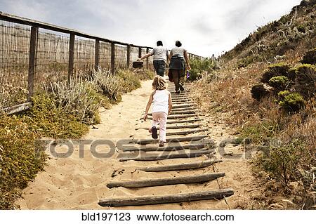 Stock Image - Family walking up sandy staircase. Fotosearch