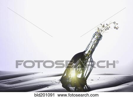 Stock Image - Floating bottle with flowers. Fotosearch