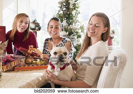 Stock Photo - Friends and dog celebrating Christmas. Fotosearch