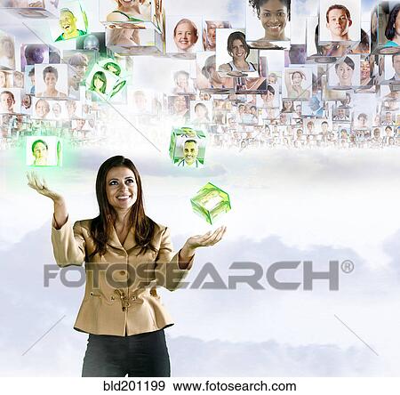 Stock Photo - Images of business people floating over head of Hispanic businesswoman. Fotosearch