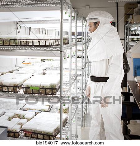 Stock Photo - Middle Eastern scientist in clean suit in laboratory. Fotosearch