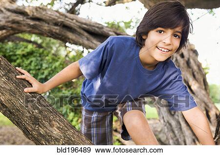 Stock Photo - Mixed race boy climbing tree. Fotosearch