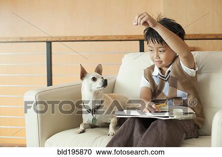 Stock Image - Mixed race boy tempting dog with treat. Fotosearch