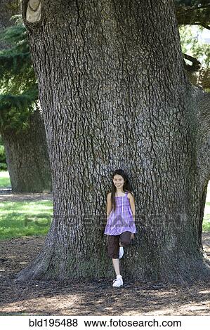 Stock Photo - Mixed race girl leaning against tree trunk in park. Fotosearch