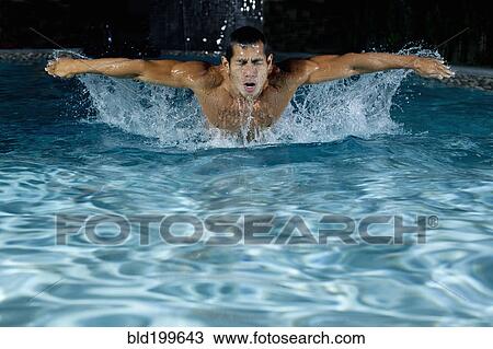 Stock Image - Pacific Islander man swimming in swimming pool. Fotosearch