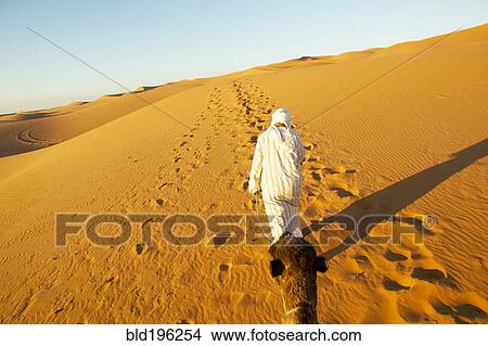 Picture - Person walking in desert with camel. Fotosearch