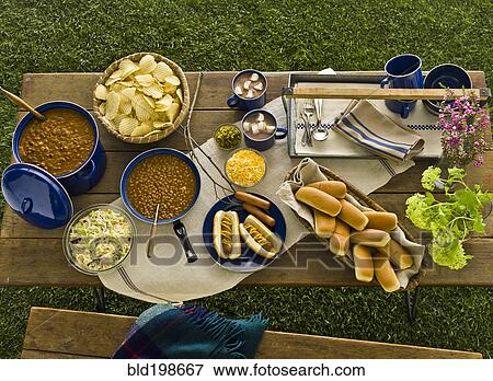 Stock Photo - Picnic of beans, hot dogs and chips. Fotosearch