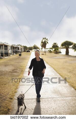 Stock Image - Senior Caucasian woman walking dog on sidewalk. Fotosearch