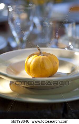 Stock Photograph - Small pumpkin on plate. Fotosearch
