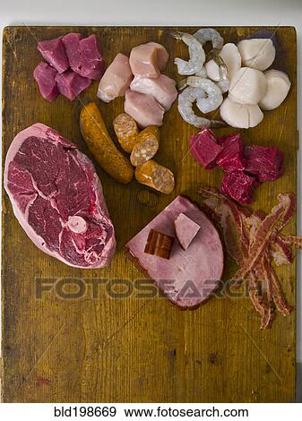 Various raw meat and seafood View Large Photo Image Stock Photo - Various raw meat and seafood. Fotosearch