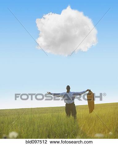 Stock Image - Black businessman in field looking at cloud. Fotosearch