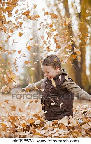 Stock Photo - Caucasian boy playing in autumn leaves. Fotosearch