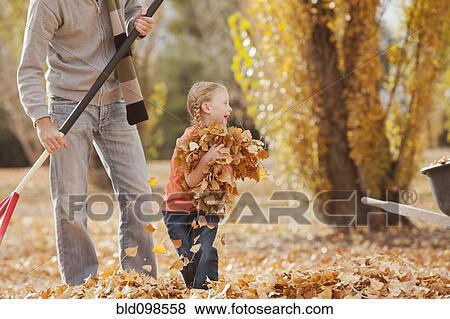 Stock Photo - Caucasian father and daughter raking autumn leaves. Fotosearch