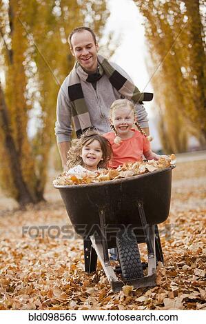 Stock Photography - Caucasian father pushing daughters and autumn leaves in wheelbarrow. Fotosearch