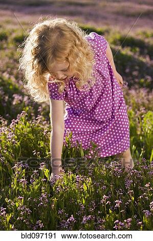 Stock Image - Caucasian girl picking flowers. Fotosearch
