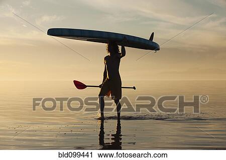 Stock Image - Caucasian man walking in water carrying paddle board. Fotosearch