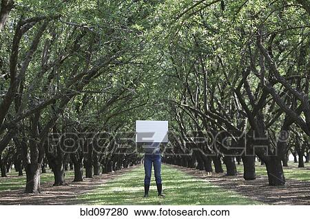 Stock Image - Caucasian woman holding blank placard underneath trees. Fotosearch