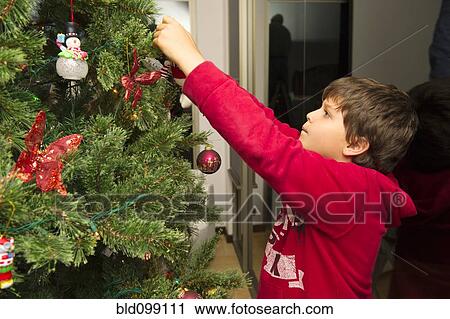 Stock Image - Hispanic boy decorating Christmas tree. Fotosearch