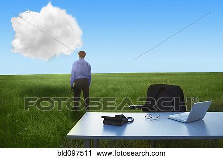 Stock Image - Middle Eastern businessman in field looking at cloud. Fotosearch