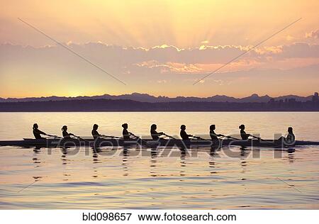 Team rowing boat in bay View Large Photo Image Stock Photo - Team rowing boat in bay. Fotosearch
