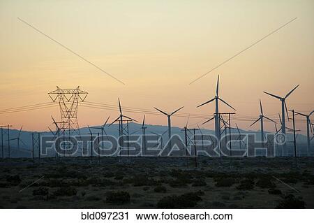 Wind farm in desert at sunset View Large Photo Image Stock Image - Wind farm in desert at sunset. Fotosearch