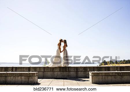 Caucasian brides kissing at waterfront View Large Photo Image Stock Image - Caucasian brides kissing at waterfront. Fotosearch