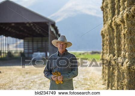 Stock Photo - Caucasian farmer holding gloves near stacks of hay. Fotosearch