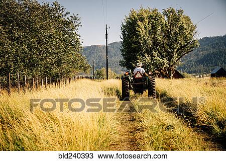 Stock Image - Caucasian farmer riding tractor. Fotosearch
