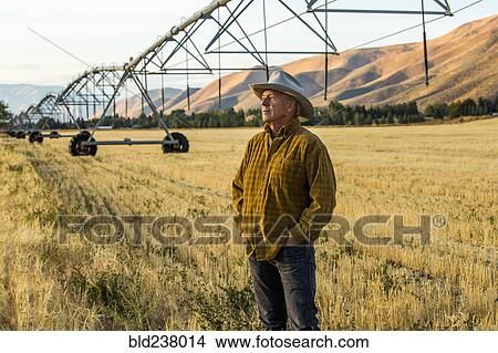 Picture - Caucasian farmer standing near irrigation equipment. Fotosearch