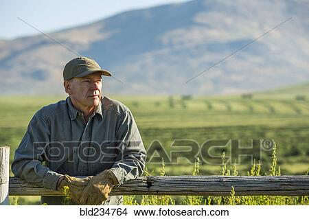 Caucasian farmer wearing gloves leaning on wooden fence View Large Photo Image Picture - Caucasian farmer wearing gloves leaning on wooden fence. Fotosearch
