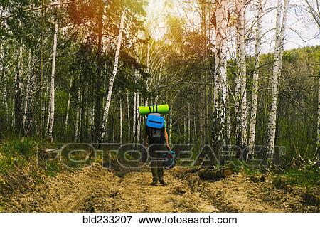 Caucasian man backpacking in forest View Large Photo Image Stock Photo - Caucasian man backpacking in forest. Fotosearch